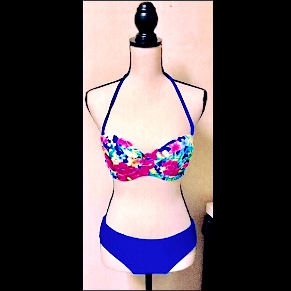 Floral Halter Bikini Two-Piece Swimsuit: Tropical Floral Top & Blue Bottom, Sz.M